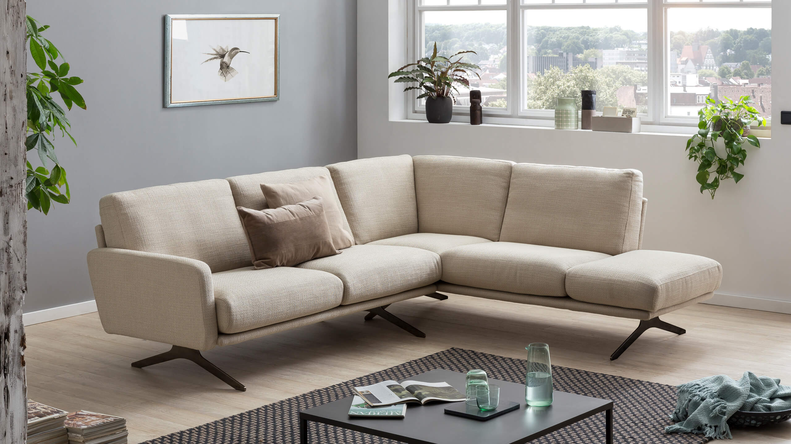 Ecksofa 160 mit Ottomane rechts Low,  Stoff Joker Sand 