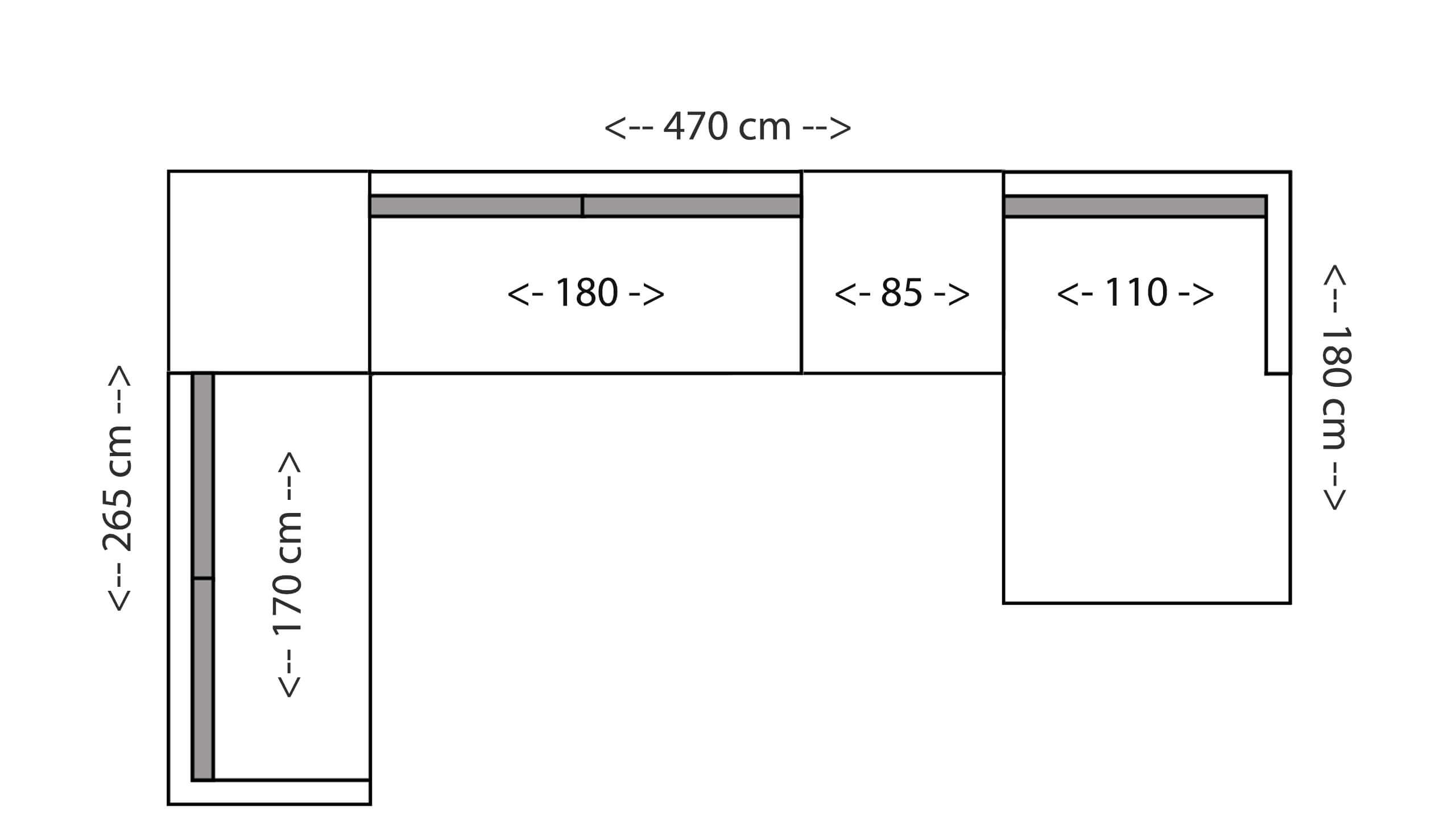 Saga Wohnlandschaft 180 mit XL-Longchair 180 Skizze